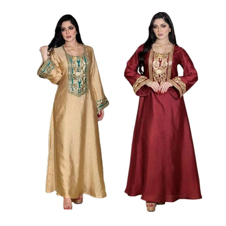 

Muslim Middle East Women Luxury Gold Thread Embroidery Sequins Abaya Long Kaftan Dress Moroccan Jalabiya