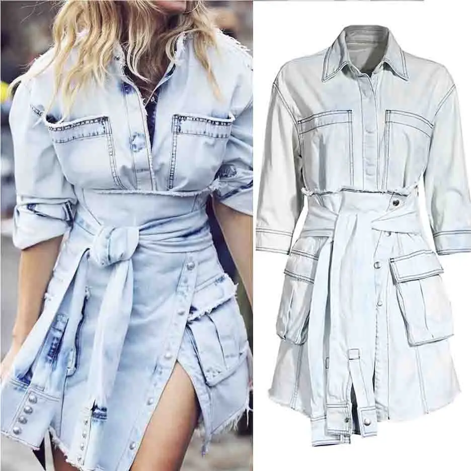 

A4022 Casual Light Blue Long Sleeve Pockets Detachable Girdle Autumn Womens Jean Coat