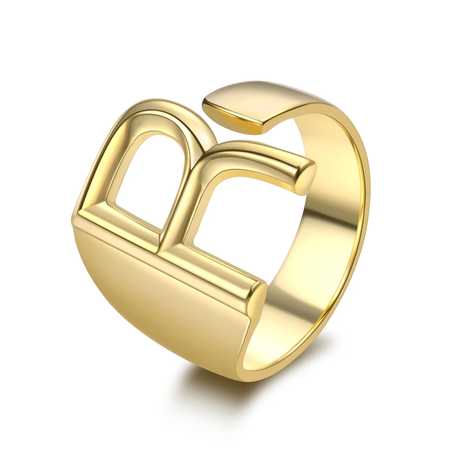 

Hot Sale Trendy 17mm 18K Gold Plated Custom English Initial Letter Ring Chunky Opening Ring