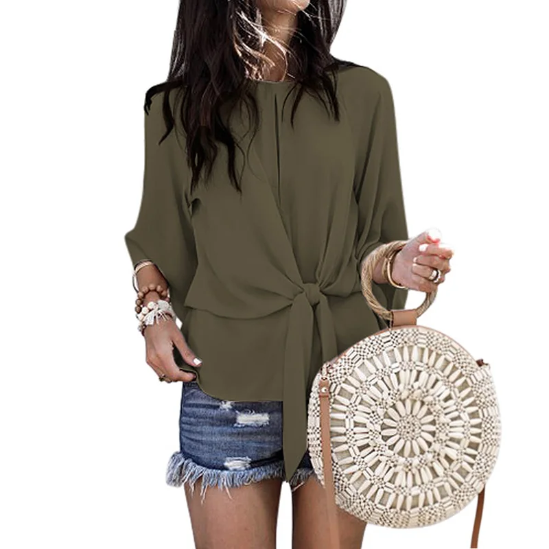 

2019 Stylish Flare Sleeve Blouses With Belt Loose Casual Tops Womens Fall Clothing