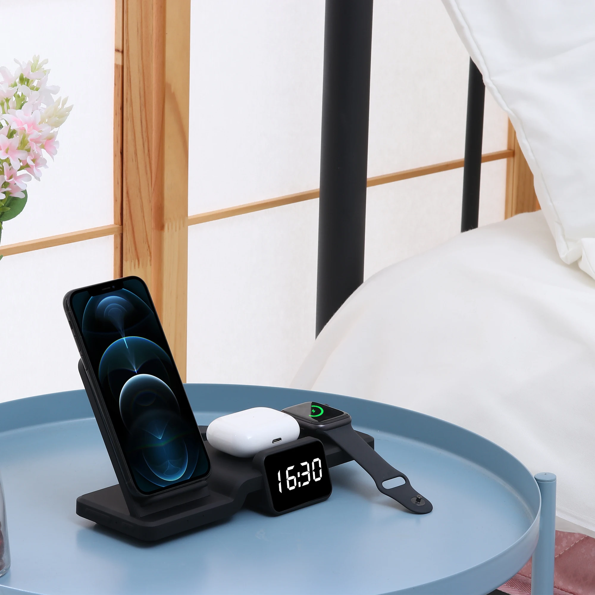 

6 in 1 wireless charger Stand For iPhone 11 Pro X XS Max XR 8 Airpods Pro Apple Watch Docking Station with Time display, White black