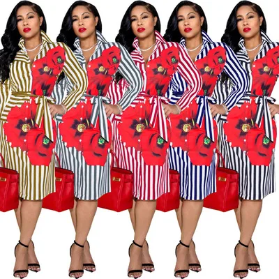 

Hot Sale Long Sleeve Stripe Flower Print Casual Autumn Belt Dress Midi Length Women Office Work Shirt Dress, Shown