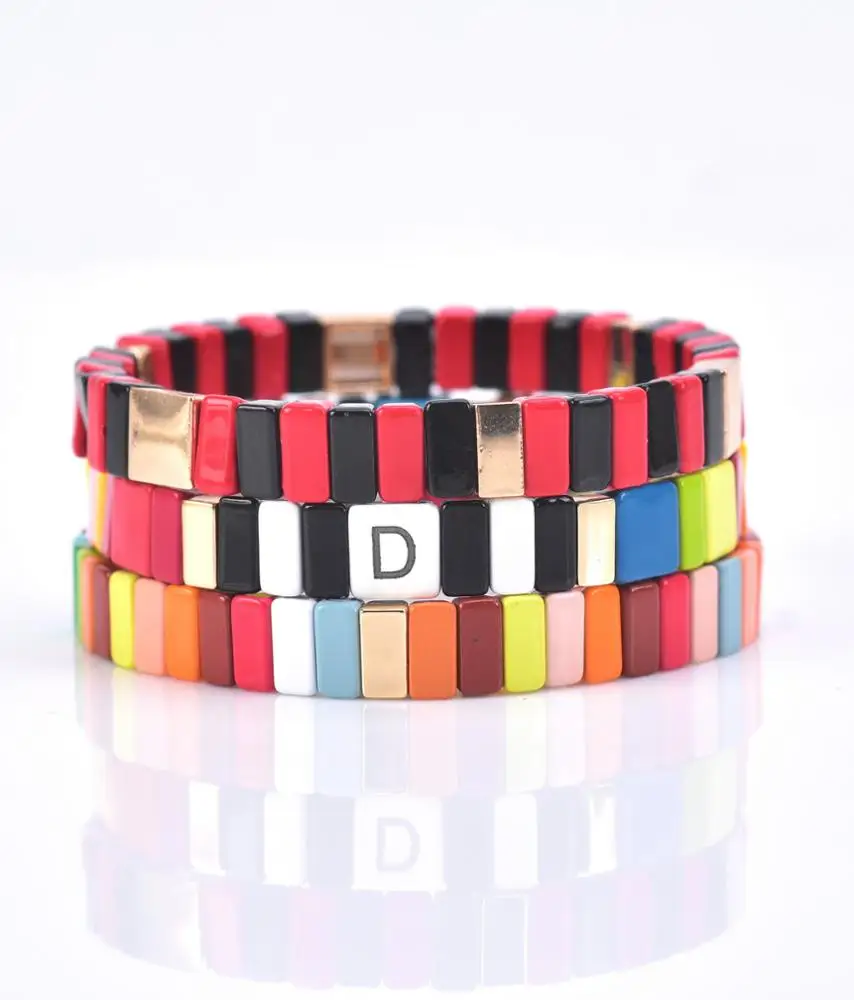

Personalized Monogram Rainbow Tile Beads STRETCH Bracelets Hot Colors Fun Gold Plated Enamel Bracelet for Summer