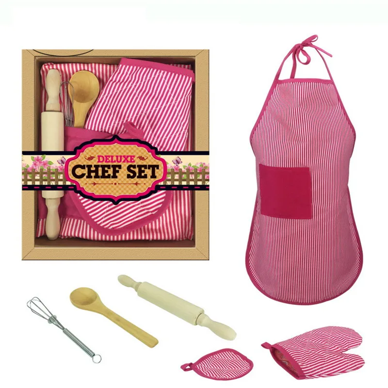 

6 Piece Chef Dress Up Costume - Includes Apron, Mitt, Cooking and Baking Tools - Kids Role Play Kit Toy(red color)