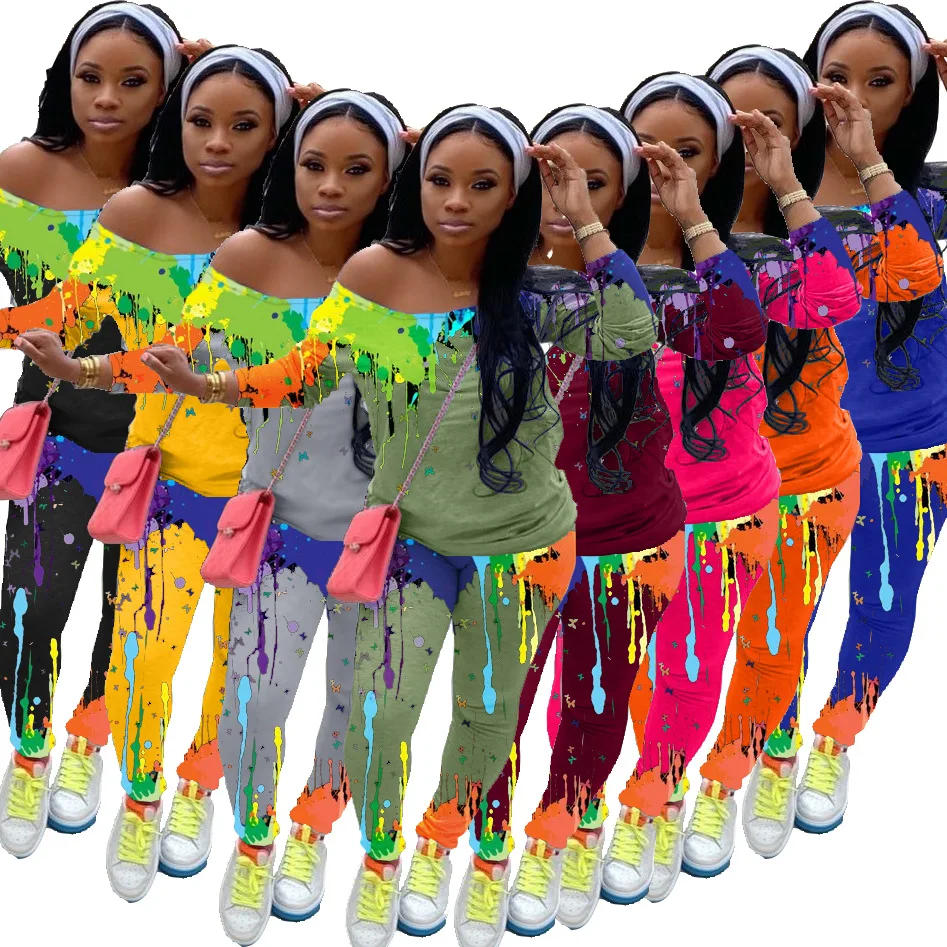 

clothes fall set woman 2pcs ink printed tops pants two piece suits casual sets clothing autumn spring outfits