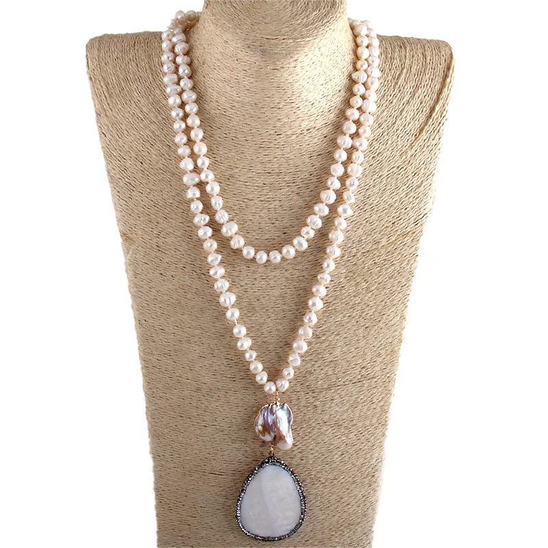 

Fashion Boho Jewelry Pearl Beads Knotted Shell Pendant Necklaces Women Bohemia 7-8mm 120cm Freshwater Pearl Necklace