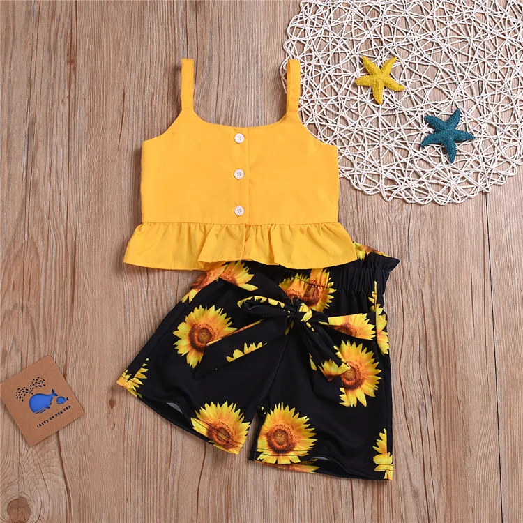 

Wholesale summer Outfits Kids Boutique Clothing yellow sleeveless top + flower shorts baby girls clothes