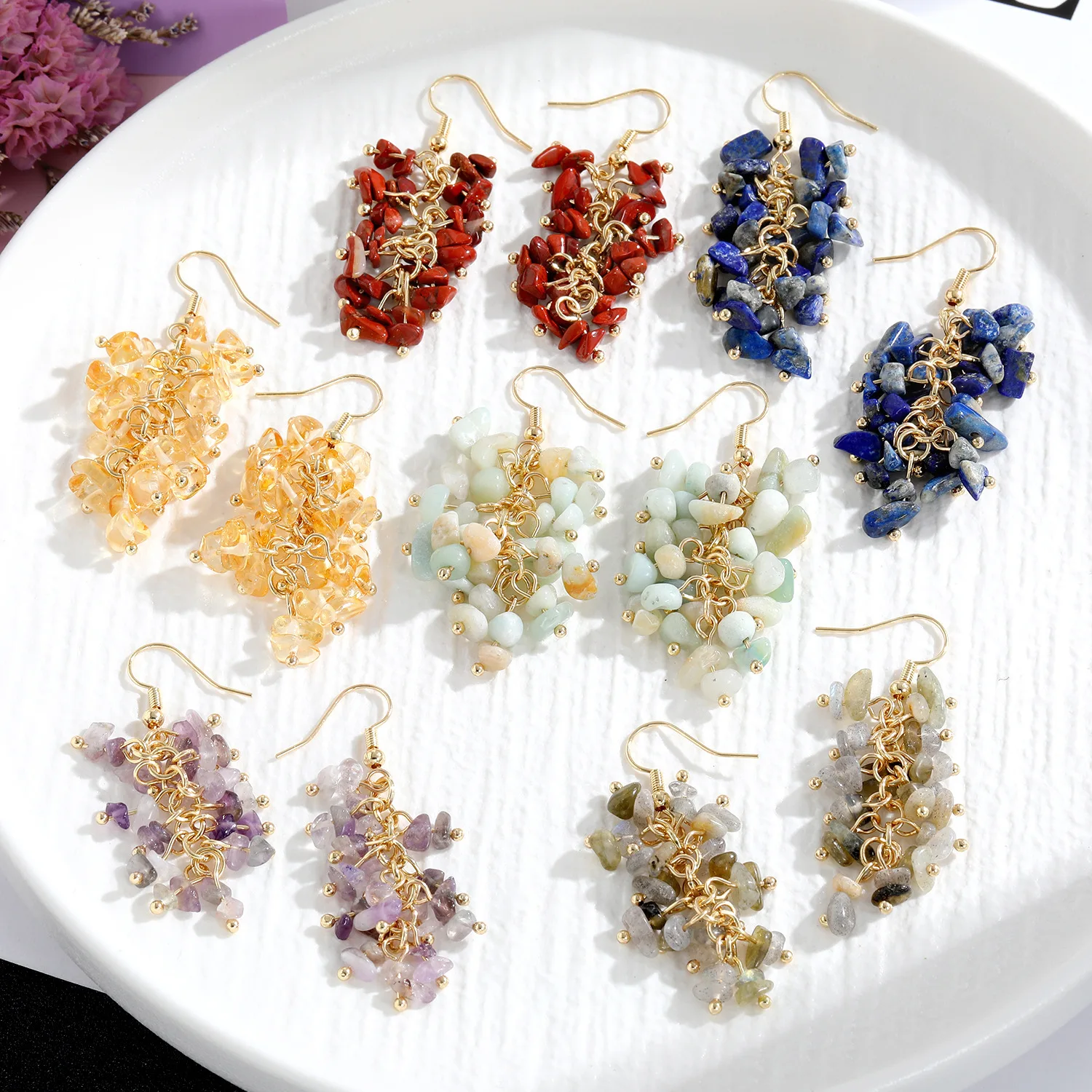 

High Quality Handmade Earrings Colorful Natural Stone Irregular Bead Pendant Earrings Wholesale