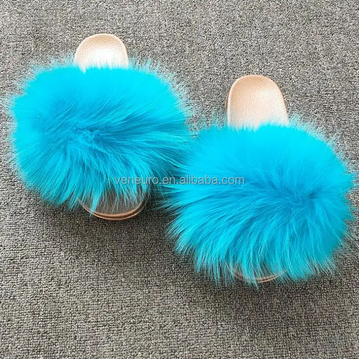 

Wholesale Women PVC soles big fur raccoon furry slides for flop flips sandals, Customized color