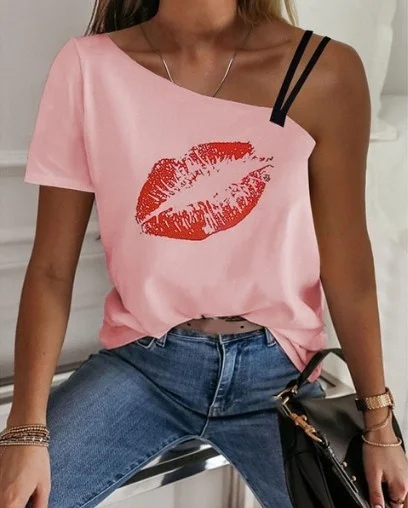 

NEW Fashion Women Short Sleeve Summer Off Shoulder Print Shirt Loose Casual Tops Plus Size