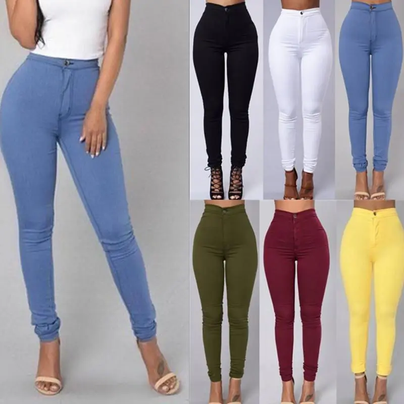 

RS563 Factory Wholesale Women Full Length Pants High Waisted Skinny Pencil Pants Elastic Candy Color Jeans