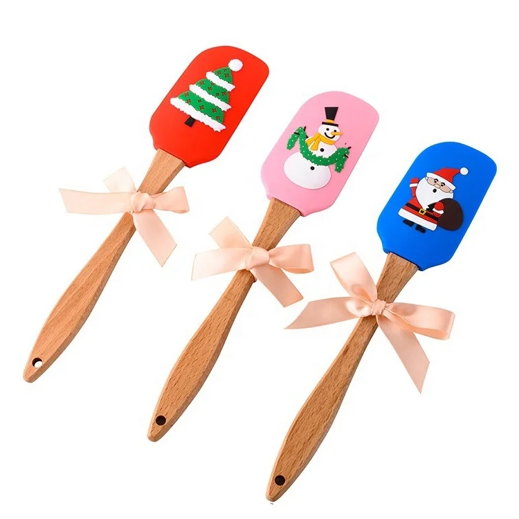 

Hot Seller Christmas Cartoon Design Kitchen Silicone Cake Spatula Dough Scraper With Wooden Handle