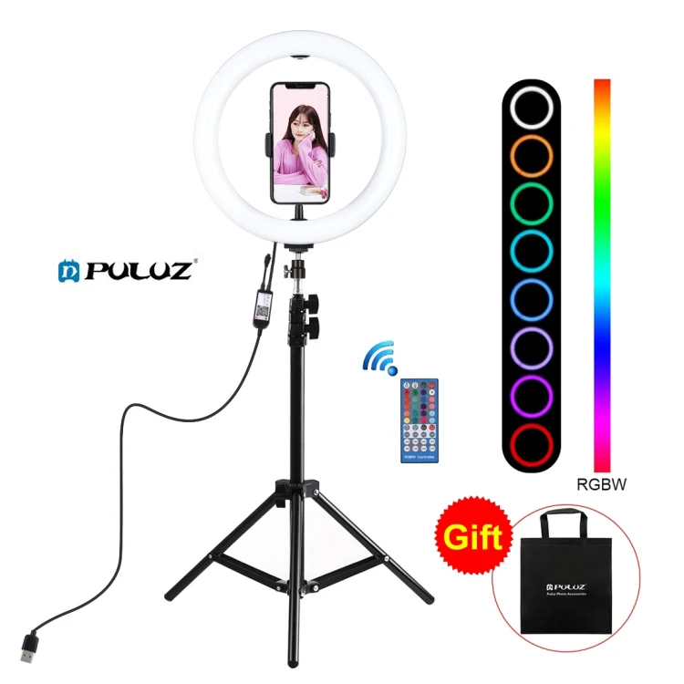 

PULUZ 1.1m Tripod Mount + 10.2 inch 26cm RGBW LED Ring Vlogging Video Light Live Broadcast Kits with Remote Control
