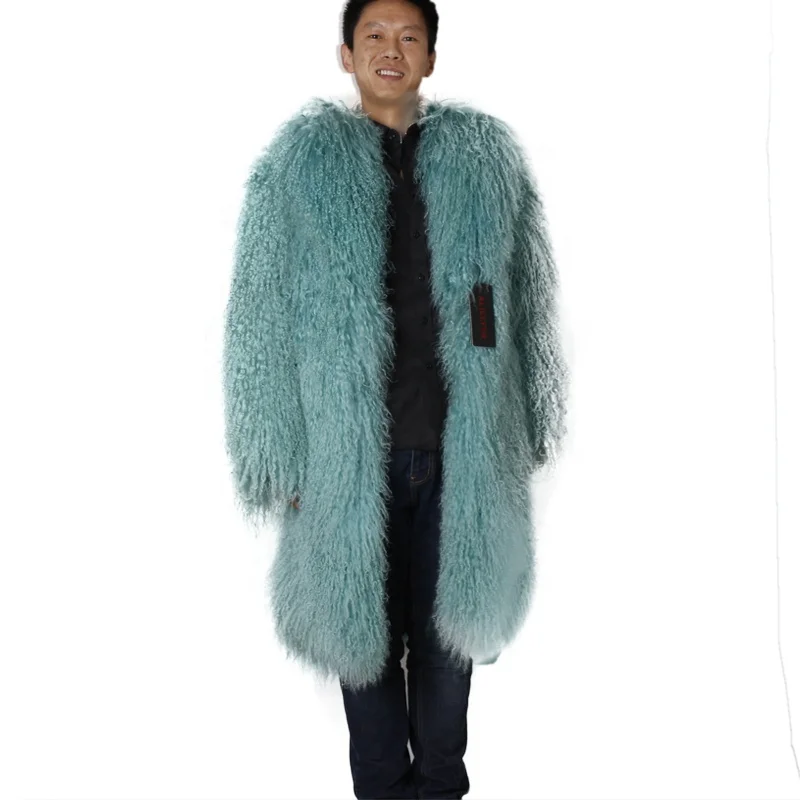 

China Excellent Supplier OEM Service Fashion Men Long Style Curly Mongolian Lamb Fur Coat / Overcoat For Sale, Green or custom color