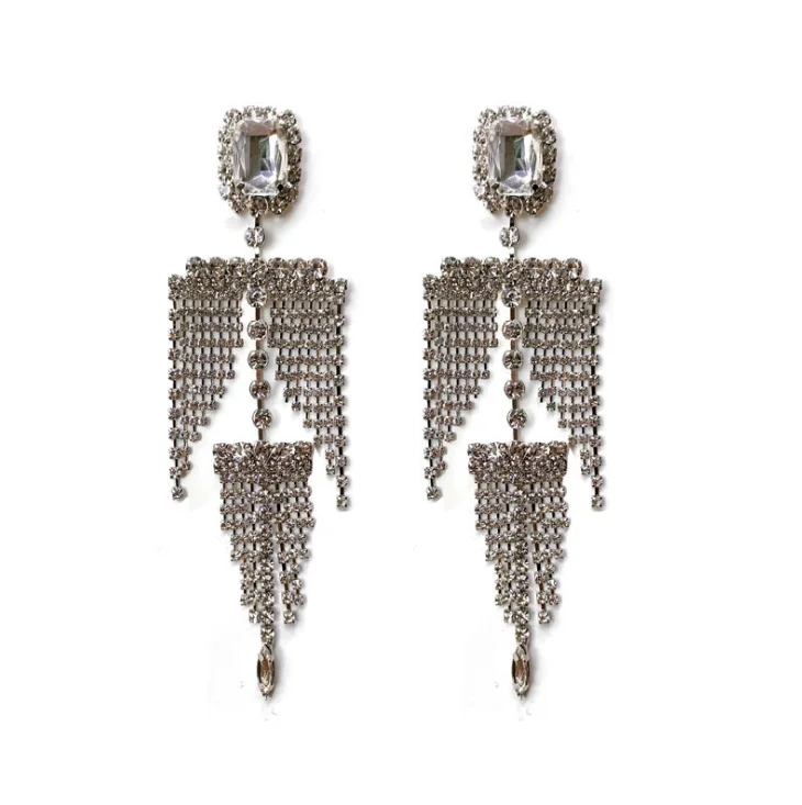 

Rhinestone double layer exaggerated white geometric tassel earrings