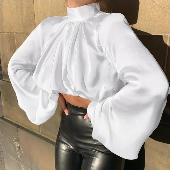 

96246P New Arrival Women's Satin Turtleneck Midriff Bearing Long Puff Sleeve Crop Top Blouses, White, black