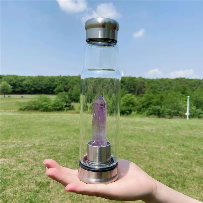 

Hot Sale Gem Drink Healing Stones Obelisk Point Crystal Tea Cup Infused Elixir Energy Glass Custom Crystal Water Bottle