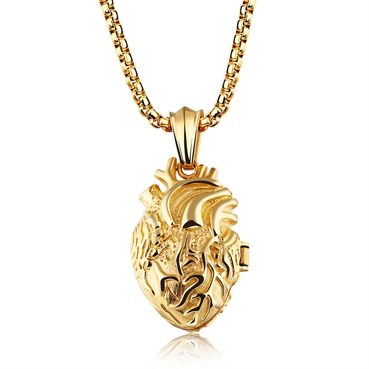 

K073 Personality Jewelry Stainless Steel Openable Anatomical Human Organs Heart Shape Locket Pendant Hip Hop Necklace for Men