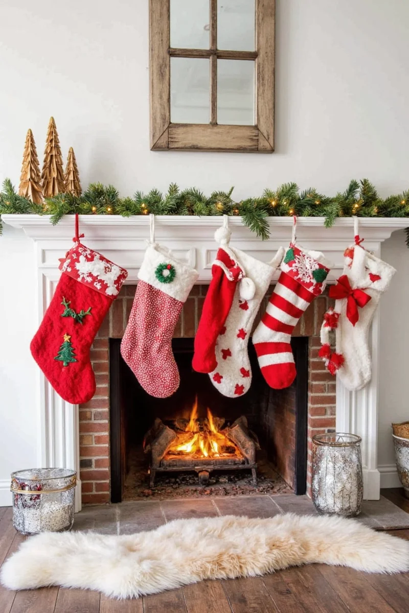 Christmas stockings hanging on LED-lit hooks