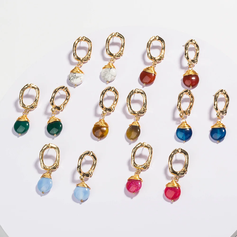 

Wholesale Gold Plated O Letter Stud Earrings Colorful Natural Druzy Stone Pendant Earring For Women Girls