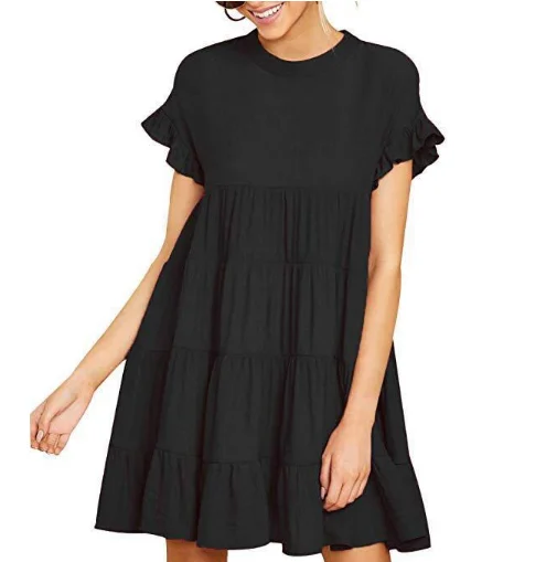 

Summer Simple O-neck Short Sleeve Ball Gown Dress Ruffled Solid Color women short Cake Dress 2019