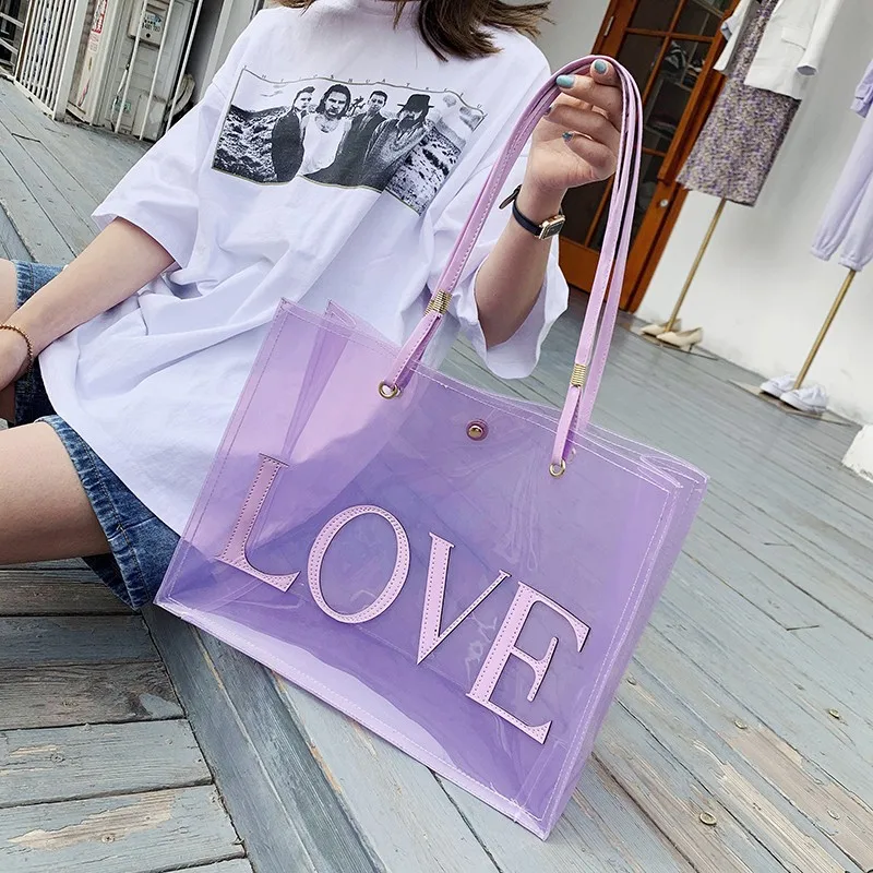 

Casual Waterproof Clear PVC Plastic Jelly Tote Beach Bag Shopping Bags Wholesale