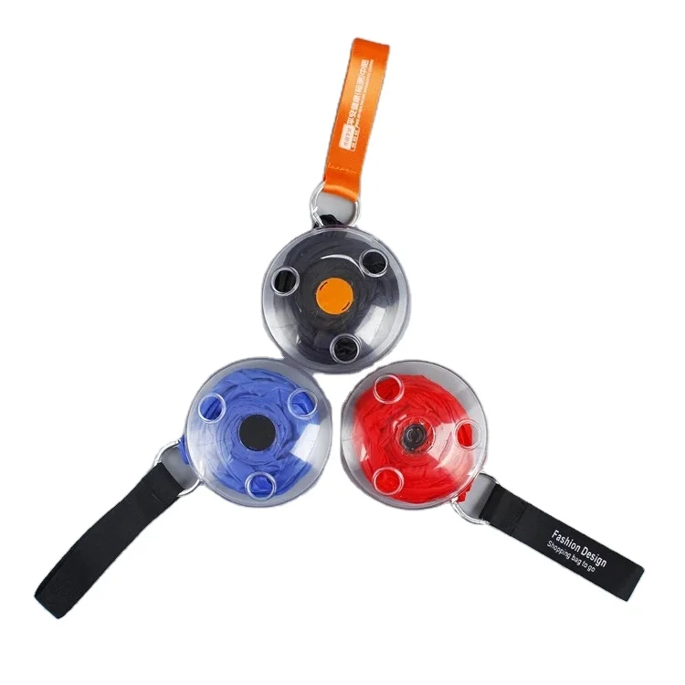 

2021 New Shopping Bag Magic Box Roll Up New portable Polyester Folding Tote shopping bag with Plastic Round Box, Red/black/blue/orange