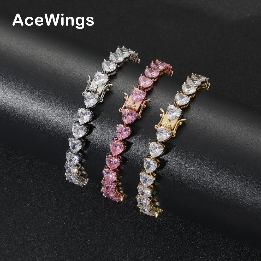 BB111  7mm  Heart Tennis  Bracelet  Brass Setting Zircon  Hip Hop Iced Out  Female Jewelry