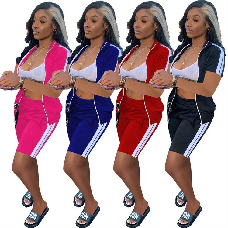 

XMGE Summer Fashion Casual Short Sleeve Pocket Shorts Solid Color Zipper Woman Two Pieces Set Tracksuit