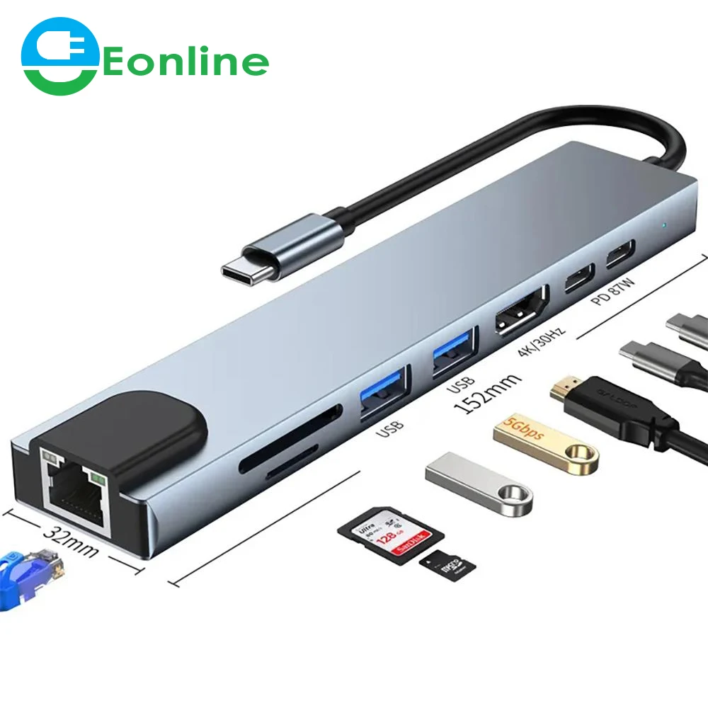 

EONLINE USB C Hub 8 In 1 Type C 3.1 To 4K HD Adapter RJ45 SD/TF Card Reader PD Fast 3USB Dock for MacBook Pro