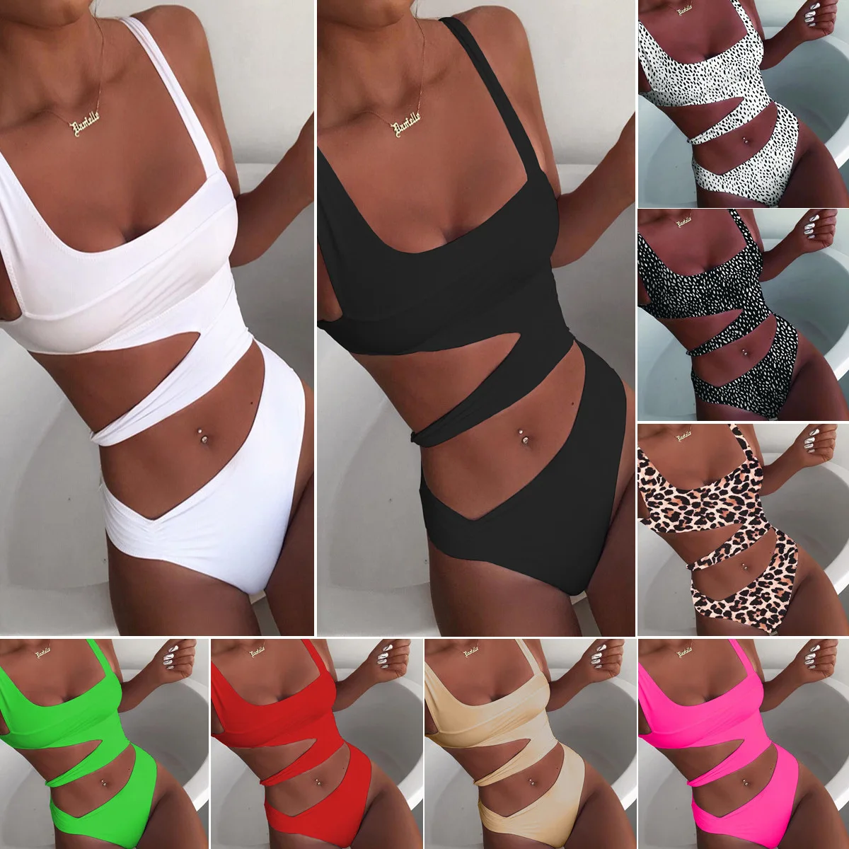 

2021 Women's Sexy solid Color One Piece Swimsuit Sexy Bikini Beachwear Swimwear, White, black, leopard, fluorescent green, red, rose red, wave point