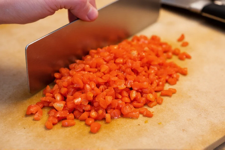 Close-up of ghost peppers being finely diced on cutting board with baking ingredients for ghost pepper bread recipe