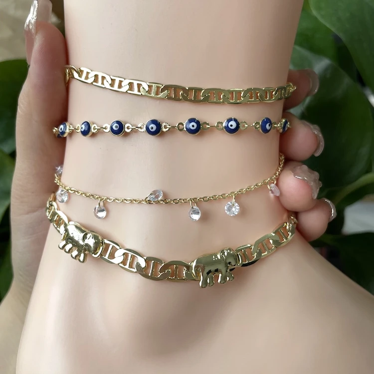 

Jialin INS 14k gold multi color blue red evil eyes nk chain chic pig nose chain coffee bean chain elephant anklets, Picture shows