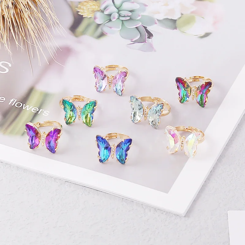 Anillo De Mariposa Gold Plated Multi Colors Opening Crystal Butterfly Finger Rings  Temperament Gradient Crystal Butterfly Ring