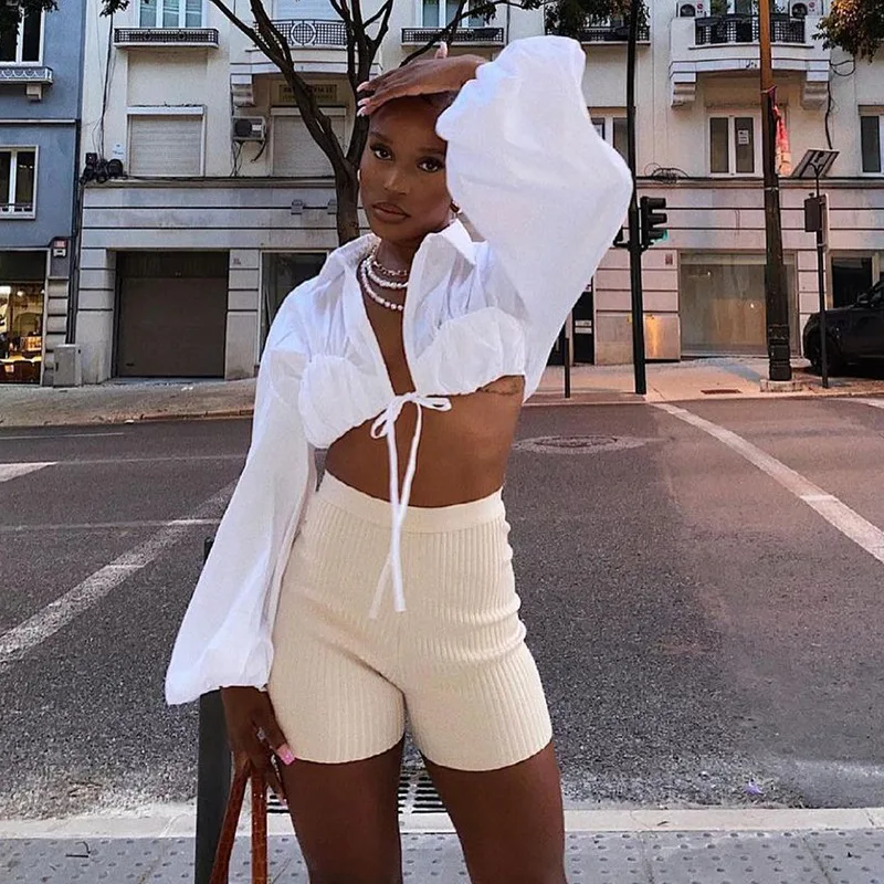 

YIWU QIUDUN Fall White Lapel Lantern Sleeve Pleated Lace-up Casual Shirts Women Top Blouses