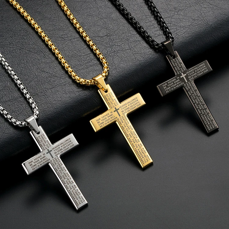 

Hot Christian prayer jewelry necklace stainless steel gold plated bible verse cross pendant necklace with thick chain for men, Silver/gold/black