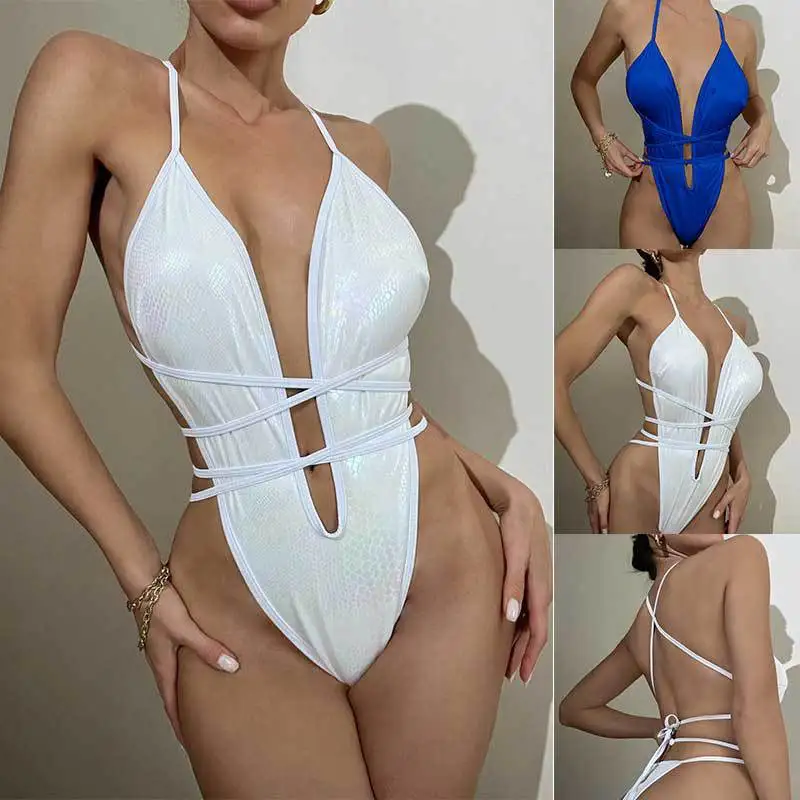 

2023 Hot Snake Skin Print Deep V Sexy Thong Bikini Swimwear Women High Cut One Piece Swimsuits