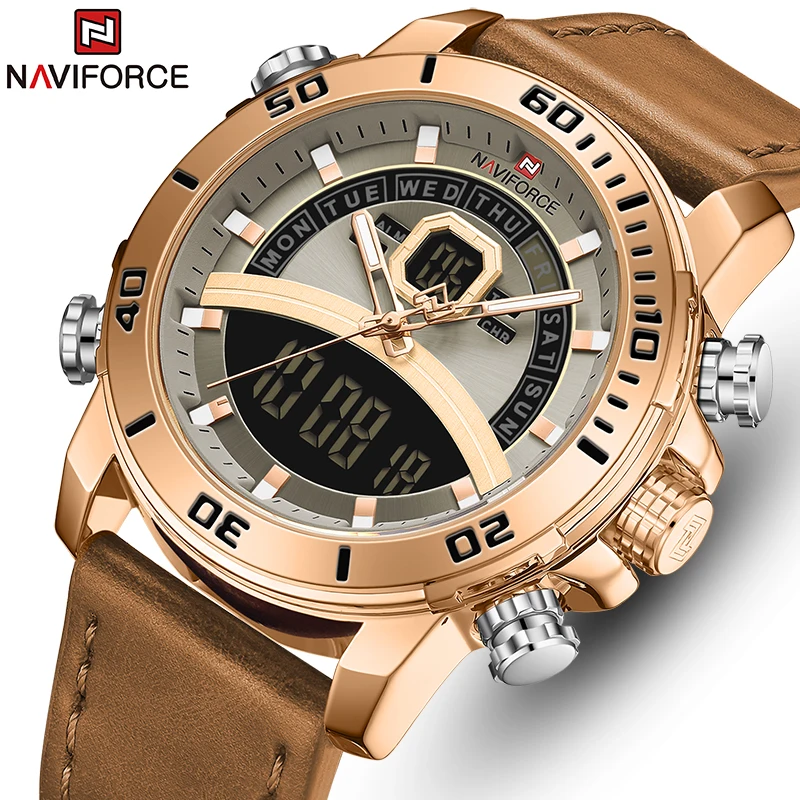 

Naviforce NF9181L Military Sport Men Quartz Digital Wrist Watches Alloy Case Luminous Water Resistant Leather Men Watches