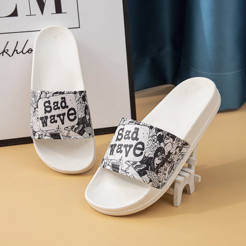 

The Sad Wave Letters Design Face Expression Cute Slides Slippers Summer Casual PVC Sandals, Black white