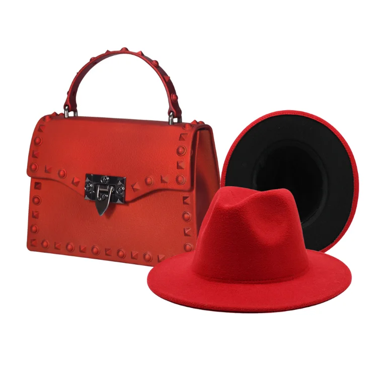 

GW-232 fast shipping fashion jelly women jelly purses and fedora hats set solid pvc famous brand jelly handbags and hats