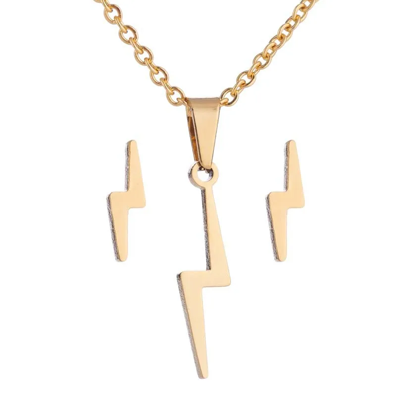 

High Quality Silver 14K Gold Plated Lightning Pendant Women Girl Ladies Earring Necklace Set Stainless Steel Jewelry For Female, Silver & gold color