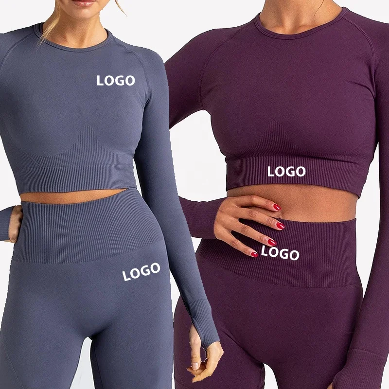

Hot New Plain Long Sleeves Workout Women Fitness Clothing Set Apparel High Quality Seamless Long Leggings Yoga Suit
