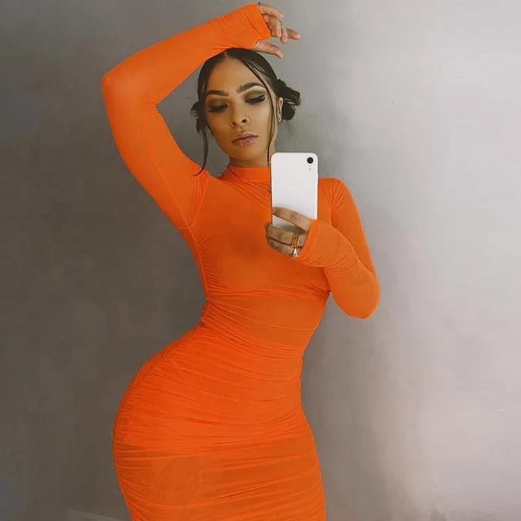 

Stand Neck Orange See Through Bodycon Dress Long Sleeve