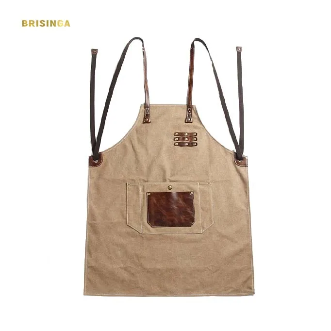 

Canvas apron adjustable wax construction work aprons with leather straps, Khaki