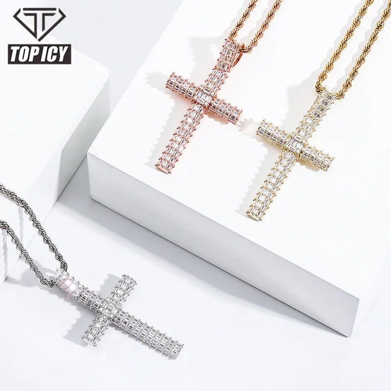 Hip Hop Jewelry Sterling Silver Long Chain Jesus Cross Pendant Rhinestone Crystal Full Diamond Pendant Men Jesus Cross Necklace