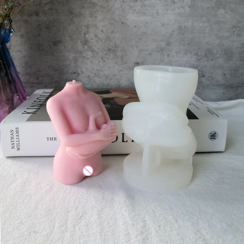 

New Design Pink Ribbon Woman's Naked Torso Candle Mould Holding Baby Breastfeeding Female Body Silicone Molds, White