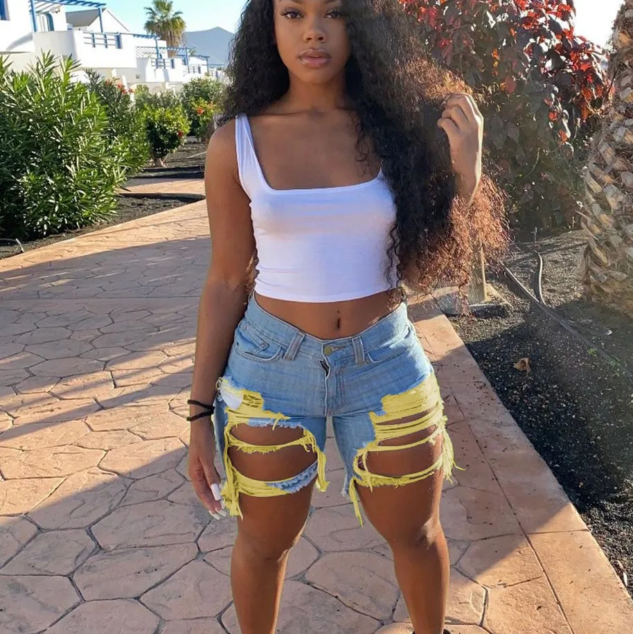 

Boutique Clothing Women Summer Woman Short Trouser Fashion Contrast Color Ripped Denim Short Pants, Yellow,green,orange