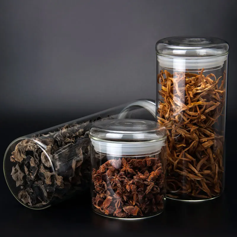 

customized wholesales glass lid straight glass storage jar with silicone storage jar seals, High transparency