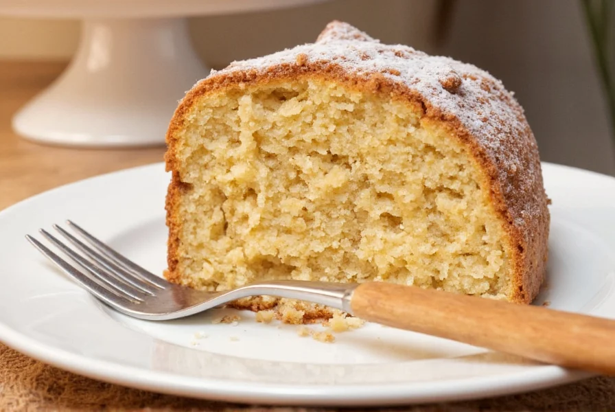 Moist coffee and cinnamon cake slice showing crumb structure and cinnamon swirls on white plate