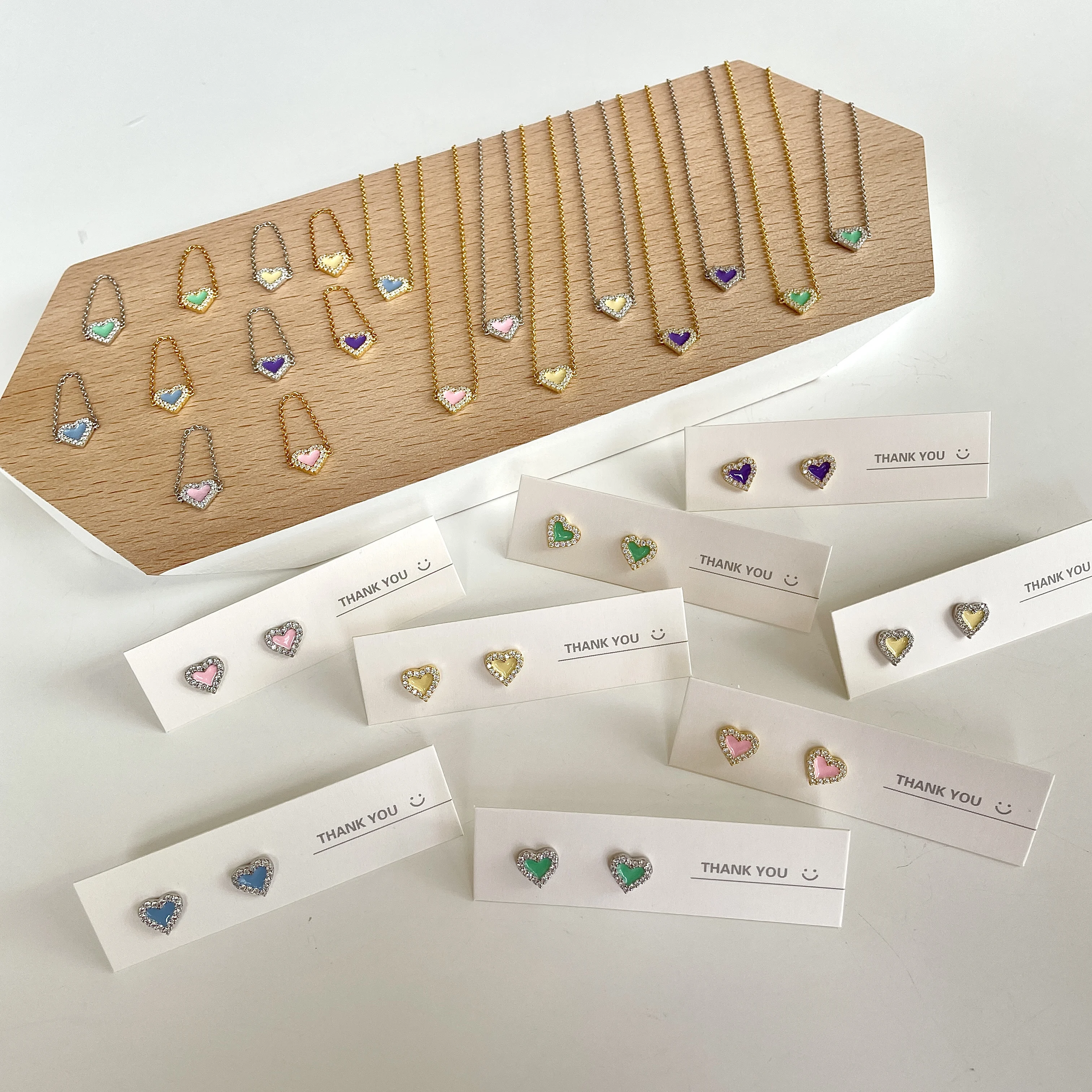 

Dylam Jewelry Set Fashion Thin Link Ring Sterling Silver 925 Pendant Necklace Card Earrings Colorful Enamel Heart Zircon Earring